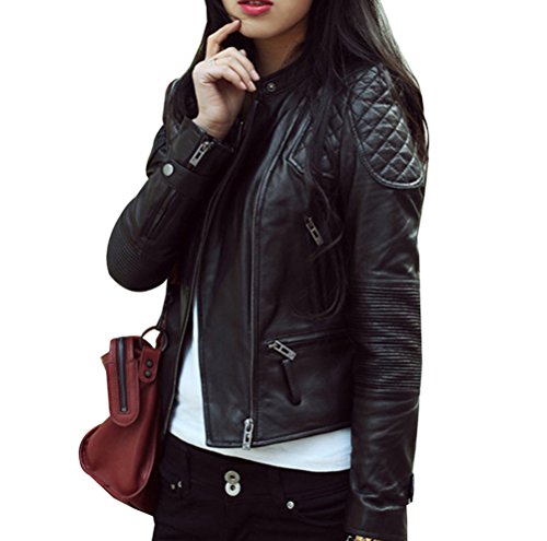 Mujer Elegante Chaqueta Cuero PU Manga Larga Moto Cazadoras Chaqueta de Motociclista Biker Abrigos Jacket S Negro
