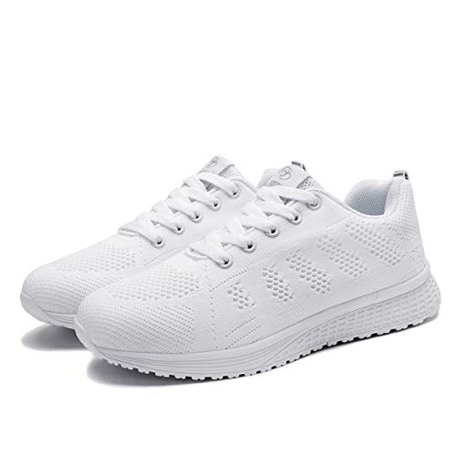 Mujer Entrenador Zapatos Gimnasio Deportes atléticos Zapatillas de Deporte Malla Informal Zapatos para Caminar Encaje Plano Blanco EU 35
