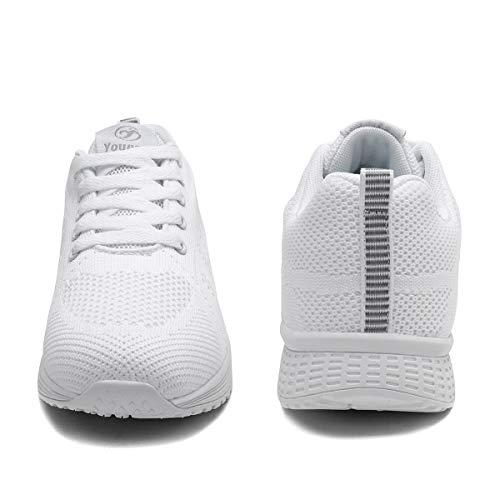 Mujer Entrenador Zapatos Gimnasio Deportes atléticos Zapatillas de Deporte Malla Informal Zapatos para Caminar Encaje Plano Blanco EU 35