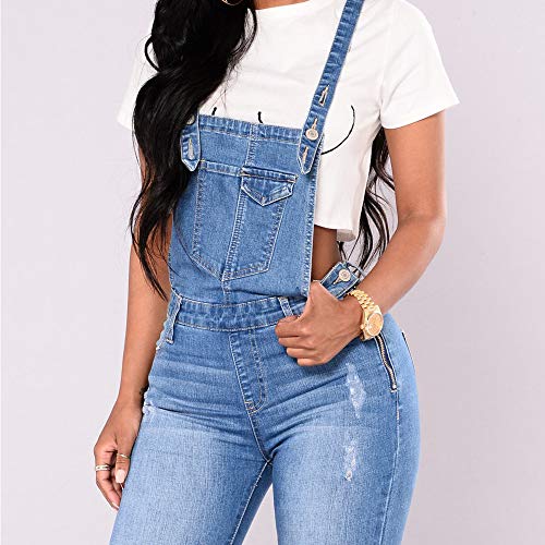 Mujer Mono Petos de Pantalones, Morbuy Casual Largo Skinny Rotos Elásticos Jeans Bolsillos Jumpsuits Moda Playa Fiesta Noche Cóctel Slim Fit Overoles Pantalón (XL (Waist 32-33''),Azul Claro)
