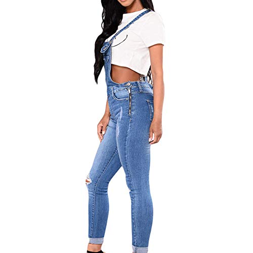 Mujer Mono Petos de Pantalones, Morbuy Casual Largo Skinny Rotos Elásticos Jeans Bolsillos Jumpsuits Moda Playa Fiesta Noche Cóctel Slim Fit Overoles Pantalón (XL (Waist 32-33''),Azul Claro)