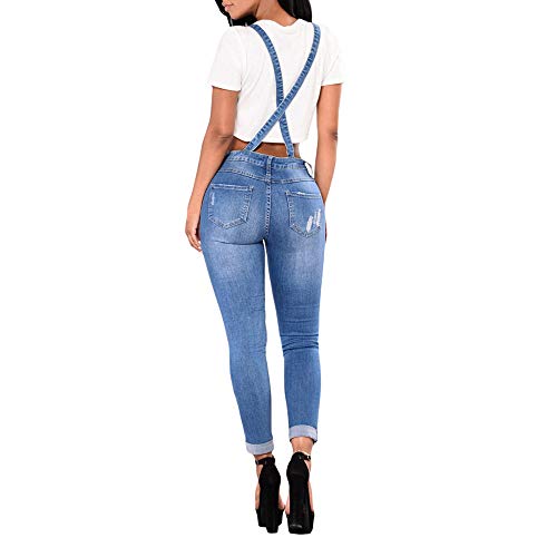 Mujer Mono Petos de Pantalones, Morbuy Casual Largo Skinny Rotos Elásticos Jeans Bolsillos Jumpsuits Moda Playa Fiesta Noche Cóctel Slim Fit Overoles Pantalón (XL (Waist 32-33''),Azul Claro)