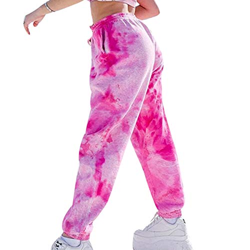 Mujer Pantalones de Chándal con Efecto Tie Dye, Comodo Pantalones Largos Sueltos de Camuflaje con Bolsillos, Divertidos Pantalones Deportivos para Casa Ejercicios Yoga (XL, Tie-Dye Rosado)