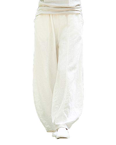 Mujer Pantalones de Lino Pantalón Bombachos Harem de Yoga Pantalones Casuales Blanco