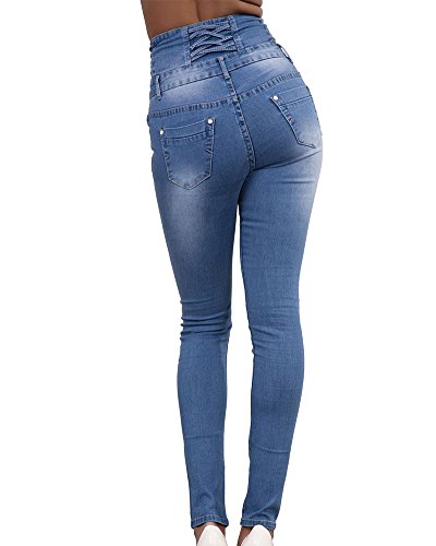 Mujer Pantalones Vaquero Skinny Push Up Pantalones Elástico Jeans Cintura Alta Azul Claro L
