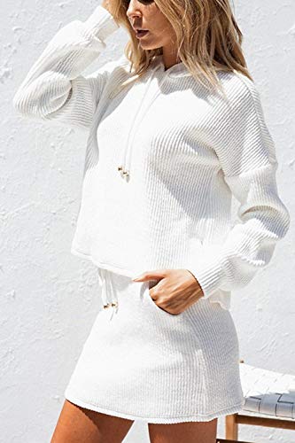 Mujer Sudadera con Capucha Camiseta Top Sólido Bodycon Mini Falda Conjuntos Blanco S
