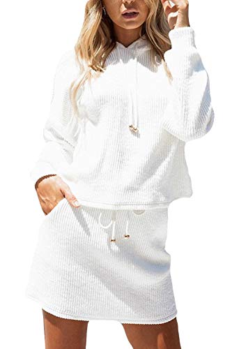 Mujer Sudadera con Capucha Camiseta Top Sólido Bodycon Mini Falda Conjuntos Blanco S