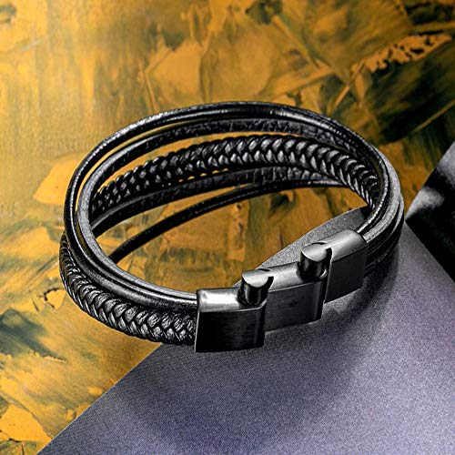 murtoo Pulsera Hombre Cuero Acero Inoxidable Cierre Magnética Negro Cuero Marrón Negro Trenzada Brazalete Negro 20-22cm