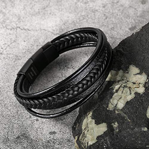 murtoo Pulsera Hombre Cuero Acero Inoxidable Cierre Magnética Negro Cuero Marrón Negro Trenzada Brazalete Negro 20-22cm