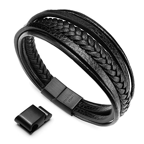 murtoo Pulsera Hombre Cuero Acero Inoxidable Cierre Magnética Negro Cuero Marrón Negro Trenzada Brazalete Negro 20-22cm