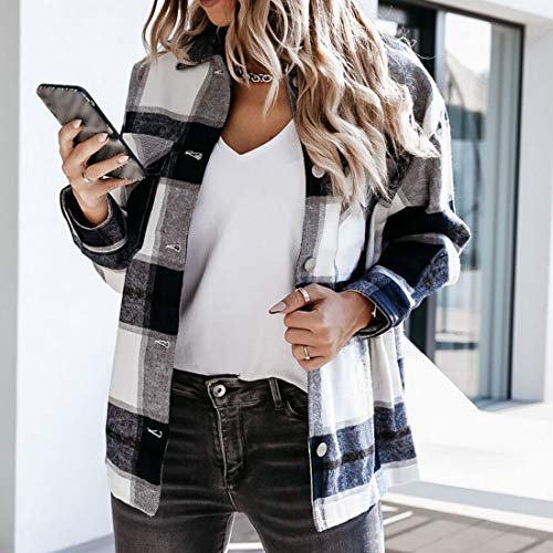 MUYOGRT Chaqueta Cuadros Mujer Camisa Cuadros Transición Talla Grande Suave Abrigo Casual Moda Manga Larga Estilo Boyfriend Primavera con Bolsillos(Negro 1，M)