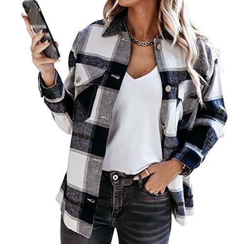 MUYOGRT Chaqueta Cuadros Mujer Camisa Cuadros Transición Talla Grande Suave Abrigo Casual Moda Manga Larga Estilo Boyfriend Primavera con Bolsillos(Negro 1，M)