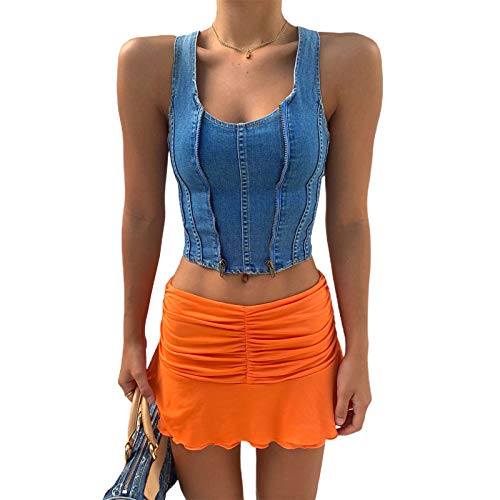 N /C Mini Falda Plisada para Mujer, Faldas de Tenis de Cintura Alta, Faldas Cortas con Volantes Sexis, Falda Y2k (Orange, L)