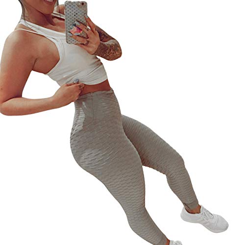 N /C Women's High Waist Tummy Control Yoga Pants Butt Lift Textured Workout Tights Sport Running Leggings (Grey, S)