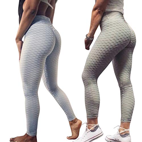 N /C Women's High Waist Tummy Control Yoga Pants Butt Lift Textured Workout Tights Sport Running Leggings (Grey, S)