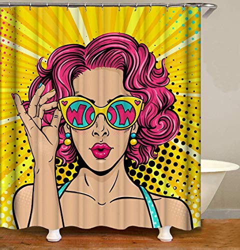 N\A Pop Art Retro Comic Style Cortina de Ducha Mujer sorprendida Sexy con Pelo Rizado Rosa Gafas de Sol Wow Tejido de poliéster Impermeable Juego de baño con Ganchos