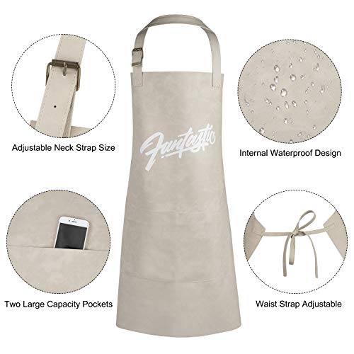 N\C Delantal de Cocina Impermeable Cuero Delantales con Bolsillos y Ajustable Correa para el Cuello para Hombre y Mujer Blanco Crema