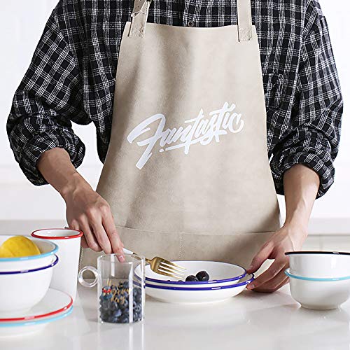 N\C Delantal de Cocina Impermeable Cuero Delantales con Bolsillos y Ajustable Correa para el Cuello para Hombre y Mujer Blanco Crema