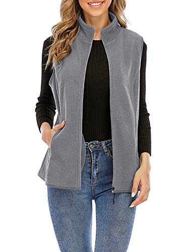 Nekosi Chaleco de forro polar para mujer con cuello alto, chaqueta exterior, cremallera y bolsillos 06-gris claro L