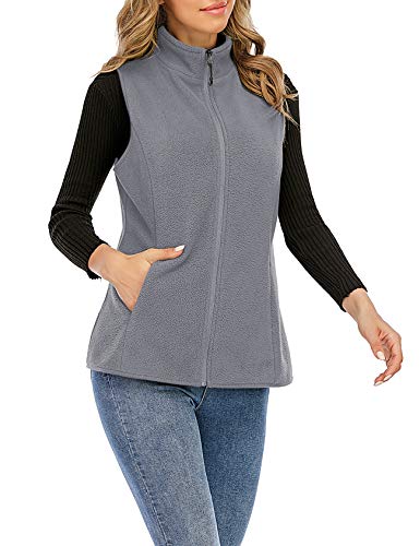 Nekosi Chaleco de forro polar para mujer con cuello alto, chaqueta exterior, cremallera y bolsillos 06-gris claro L