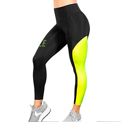NEON Style - Mallas Deportivas para Mujer efecto Push-Up | Leggins de pádel y tenis | Pantalones con bolsillo para pelota | Efecto segunda piel | Delfos Evening, Talla M | Color Negro y Amarillo Flúor