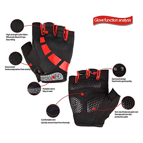 Nesirooh Guantes de MTB Hombre y Mujer, Guantes de Ciclismo Medio Dedos Verano para Moto Bicicleta Bici Gimnasio Hombres Antideslizante Transpirable (Negro Rojo, M)