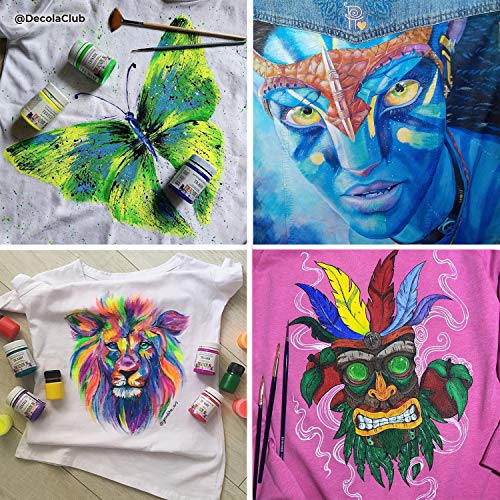 Nevskaya Palitra Pintura textil fluorescente amarilla | 50 ml de pintura para tela lavable | color neón acrílico con efecto brillante bajo luz negra (luz UV) | calidad de Decola