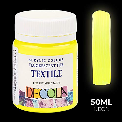 Nevskaya Palitra Pintura textil fluorescente amarilla | 50 ml de pintura para tela lavable | color neón acrílico con efecto brillante bajo luz negra (luz UV) | calidad de Decola