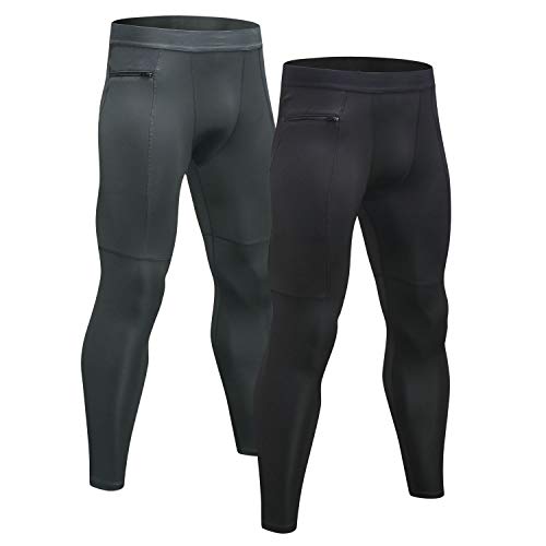 Niksa 2 Piezas Mallas Hombre Gym Leggings Deporte Pantalón Largo de Compresión Negro Gris XL