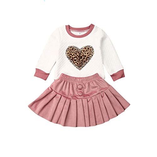 Niños pequeños Bebé Niña Trajes de San Valentín Floral Leopardo Corazón Camisa de Manga Larga Blusa Top + Mini Falda Conjunto de Ropa