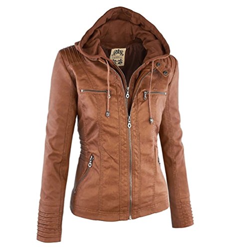 NiSeng PU Biker Chaqueta para Mujer Imitacion Cuero Cazadora Biker con Capucha Marrone XL