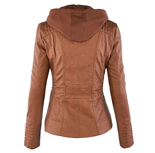 NiSeng PU Biker Chaqueta para Mujer Imitacion Cuero Cazadora Biker con Capucha Marrone XL