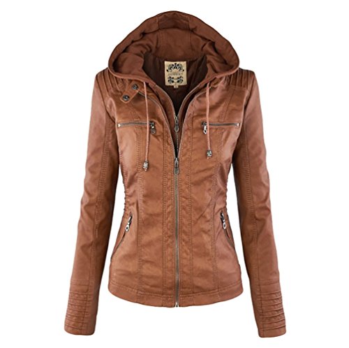 NiSeng PU Biker Chaqueta para Mujer Imitacion Cuero Cazadora Biker con Capucha Marrone XL