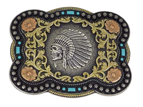 Nocona - Hebilla para cinturón de estilo westerno/cowboy, diseño de cráneo de toro indio, 10 x 8,1 cm, color negro