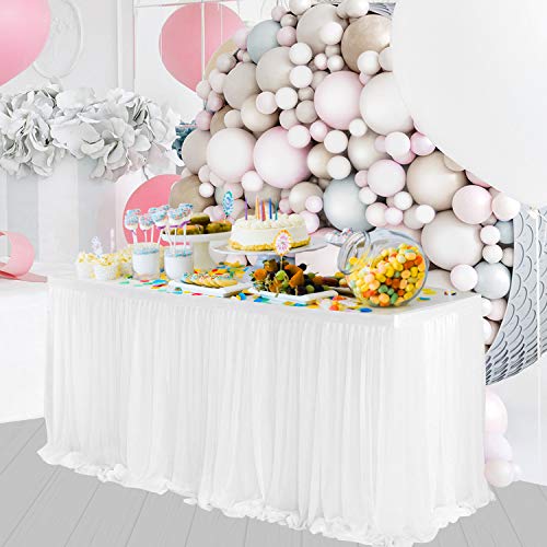 NSSONBEN Falda de mesa de tul blanco con falda de mesa para baby shower, cumpleaños, boda, despedida de soltera, decoración de mesa (4,5 m, 427 x 77 cm)