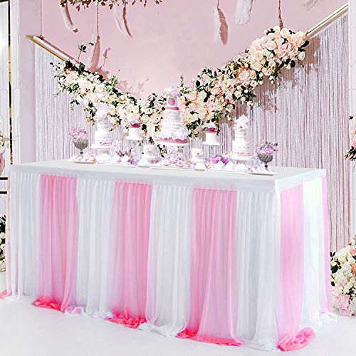 NSSONBEN Falda de mesa de tul rosa blanco para faldón de mesa con tutú mullido, falda de mesa para baby shower, cumpleaños, boda, despedida de soltera, decoración de mesa (4,5 m, 427 x 77 cm)