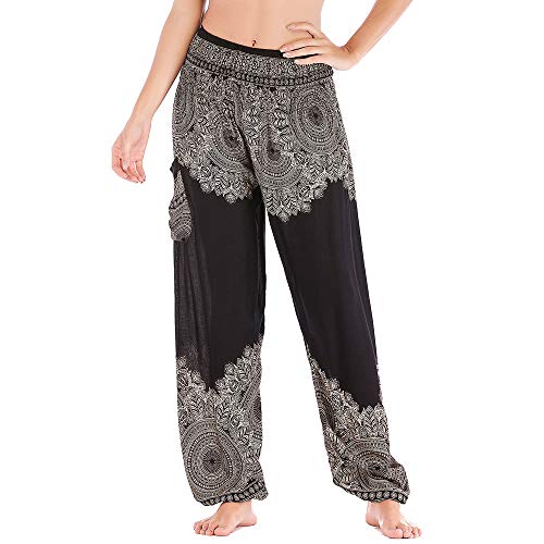 Nuofengkudu Mujer Algodón Thai Pantalones Hippies Cintura Alta con Bolsillo Boho Estampados Baggy Comodo Harem Pantalón Indios Yoga Pants Verano Playa(Negro Flor,Talla única)