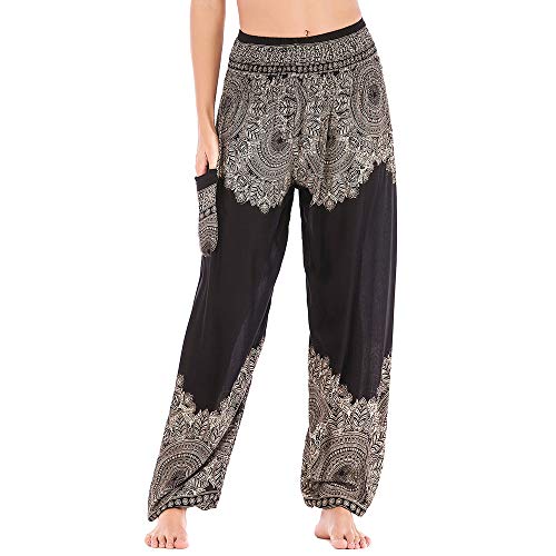 Nuofengkudu Mujer Algodón Thai Pantalones Hippies Cintura Alta con Bolsillo Boho Estampados Baggy Comodo Harem Pantalón Indios Yoga Pants Verano Playa(Negro Flor,Talla única)