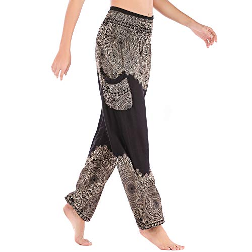 Nuofengkudu Mujer Algodón Thai Pantalones Hippies Cintura Alta con Bolsillo Boho Estampados Baggy Comodo Harem Pantalón Indios Yoga Pants Verano Playa(Negro Flor,Talla única)