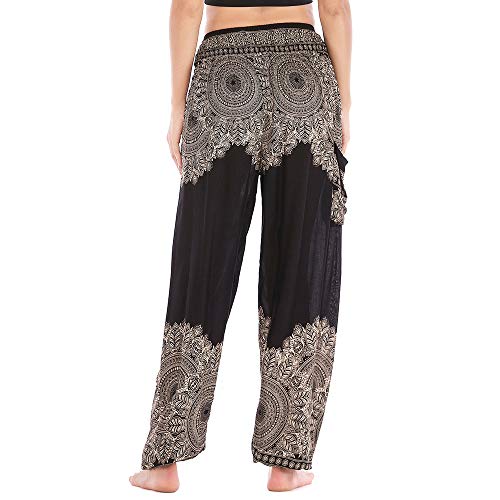 Nuofengkudu Mujer Algodón Thai Pantalones Hippies Cintura Alta con Bolsillo Boho Estampados Baggy Comodo Harem Pantalón Indios Yoga Pants Verano Playa(Negro Flor,Talla única)