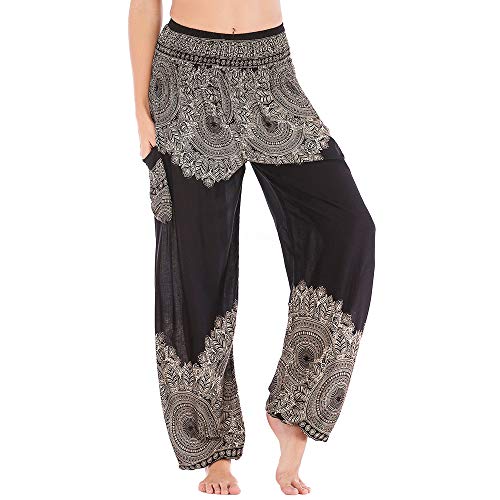 Nuofengkudu Mujer Algodón Thai Pantalones Hippies Cintura Alta con Bolsillo Boho Estampados Baggy Comodo Harem Pantalón Indios Yoga Pants Verano Playa(Negro Flor,Talla única)