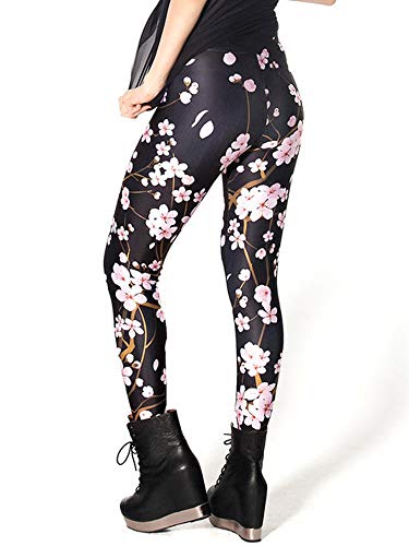 Nuofengkudu Mujer Estampados Leggins Largos Elasticos Talle Alto Lisos Fiesta Mallas Deporte Elegantes Hippie Transpirable Slim Fit Yoga Pantalones (Negro Flor De Ciruelo,Talla única)