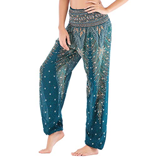 Nuofengkudu Mujer Hippie Thai Algodón Harem Pantalones con Bolsillo Boho Estampados Sueltos Pantalón Cintura Alta Indios Yoga Pants Pijama Verano Playa(Vino Tinto Pavo,Talla única)