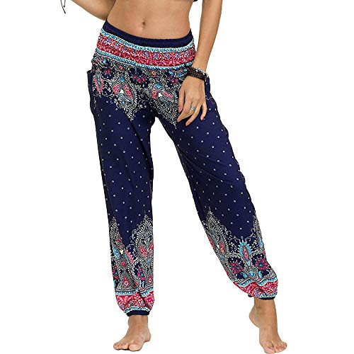 Nuofengkudu Mujer Pantalones Harem Tailandes Hippies Vintage Boho Flores Verano Alta Cintura Elastica Casual Danza Yoga Pants Bombachos(Azul Oscuro,Talla única)