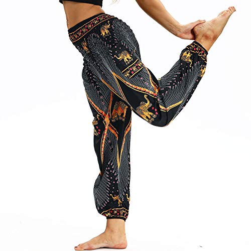 Nuofengkudu Mujer Pantalones Hippies Tailandeses Estampado Verano Cintura Alta Elastica con Bolsillos para Yoga Pants Casual Negro Elefante B