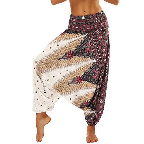 Nuofengkudu Mujer Pantalones Sueltos Hippi Tailandeses Estampado Verano Cintura Alta Elastica Entrepierna Baja para Yoga Casual Marrón Pavo