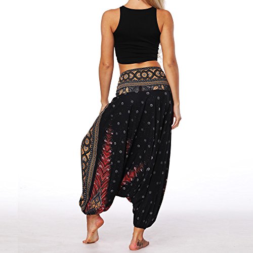 Nuofengkudu Mujer Pantalones Sueltos Hippi Tailandeses Estampado Verano Cintura Alta Elastica Entrepierna Baja para Yoga Casual Negro Pavo