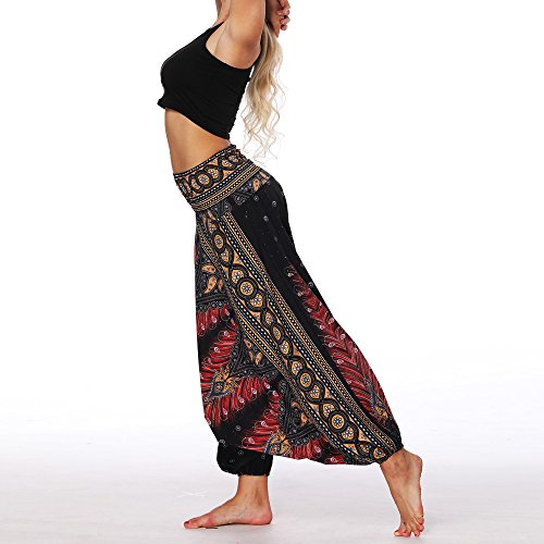 Nuofengkudu Mujer Pantalones Sueltos Hippi Tailandeses Estampado Verano Cintura Alta Elastica Entrepierna Baja para Yoga Casual Negro Pavo