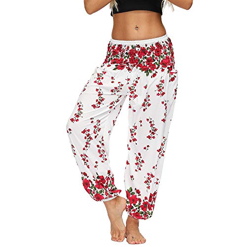 Nuofengkudu Mujer Yoga Pantalones Cintura Alta con Bolsillos Harem Hippies Baggy Tailandeses Estampado Verano Elastica Pilates Pantalon Pants Casual(Y-Blanco Floral,Talla única)