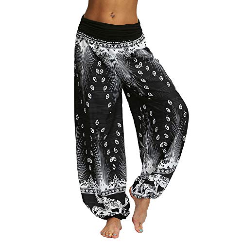 Nuofengkudu Mujeres Hippies Pantalones Largos Cintura Alta Boho Flores Impreso Suelto Yoga Pants Verano Playa Fiesta Tailandeses Harem Pantalón (Negro B,S)
